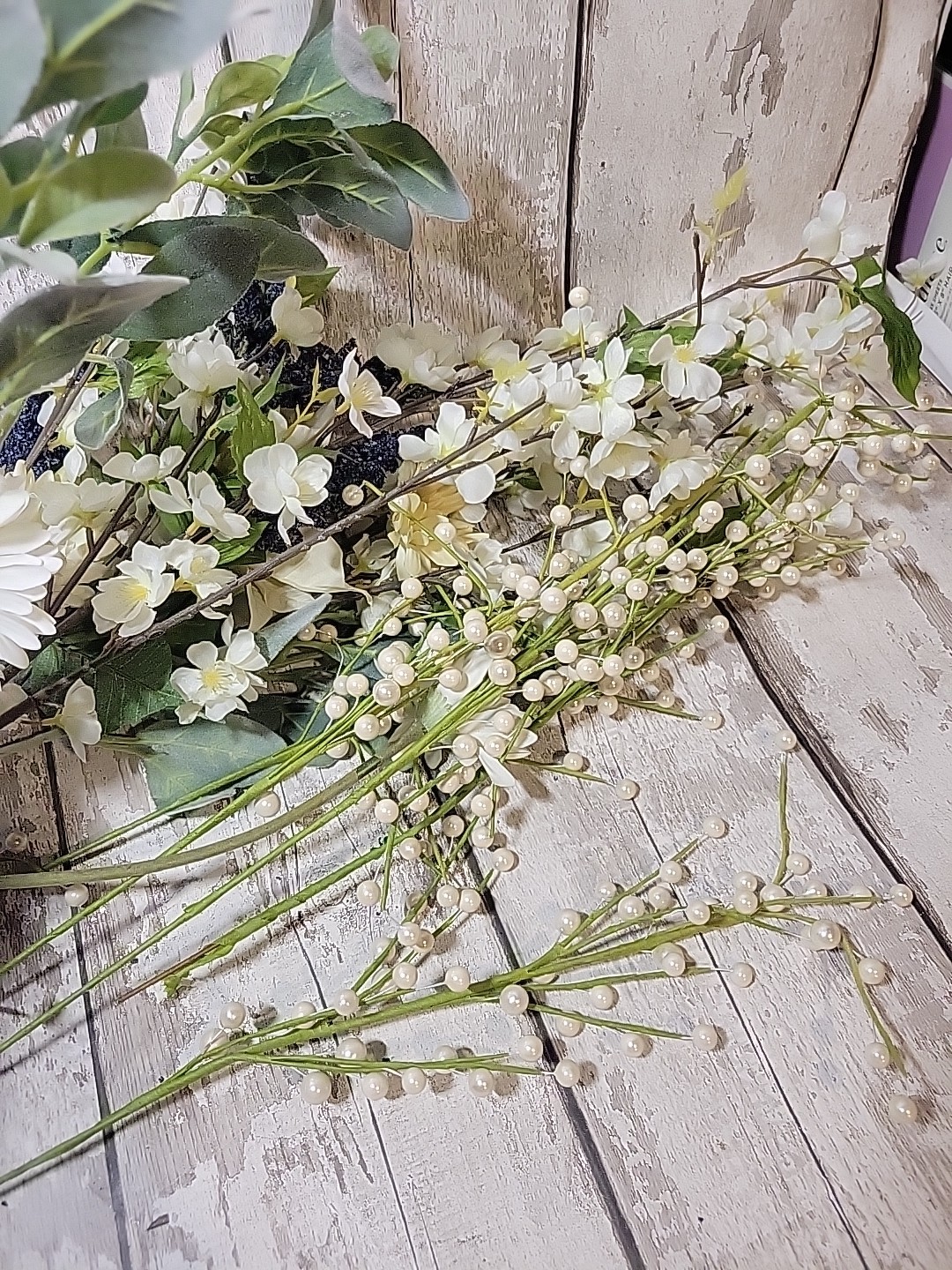 Faux Floral Flower Arrangement Single Pieces Daisy Pearl Berries Fuzzy Stems…