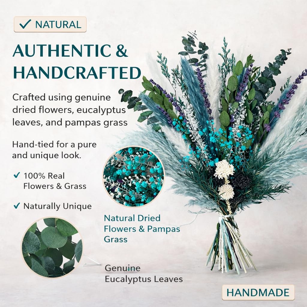 Dried Flower Bouquet 17″ Teal Pampas Eucalyptus Lavender Boho Rustic Decor