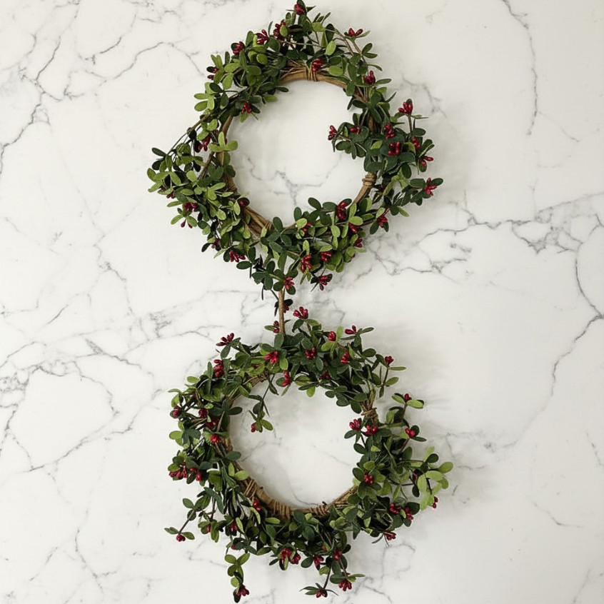 Set of 2 Red Berry Wreaths Red Pip Berries & Dark Green EVA Leaves 12″ Wide