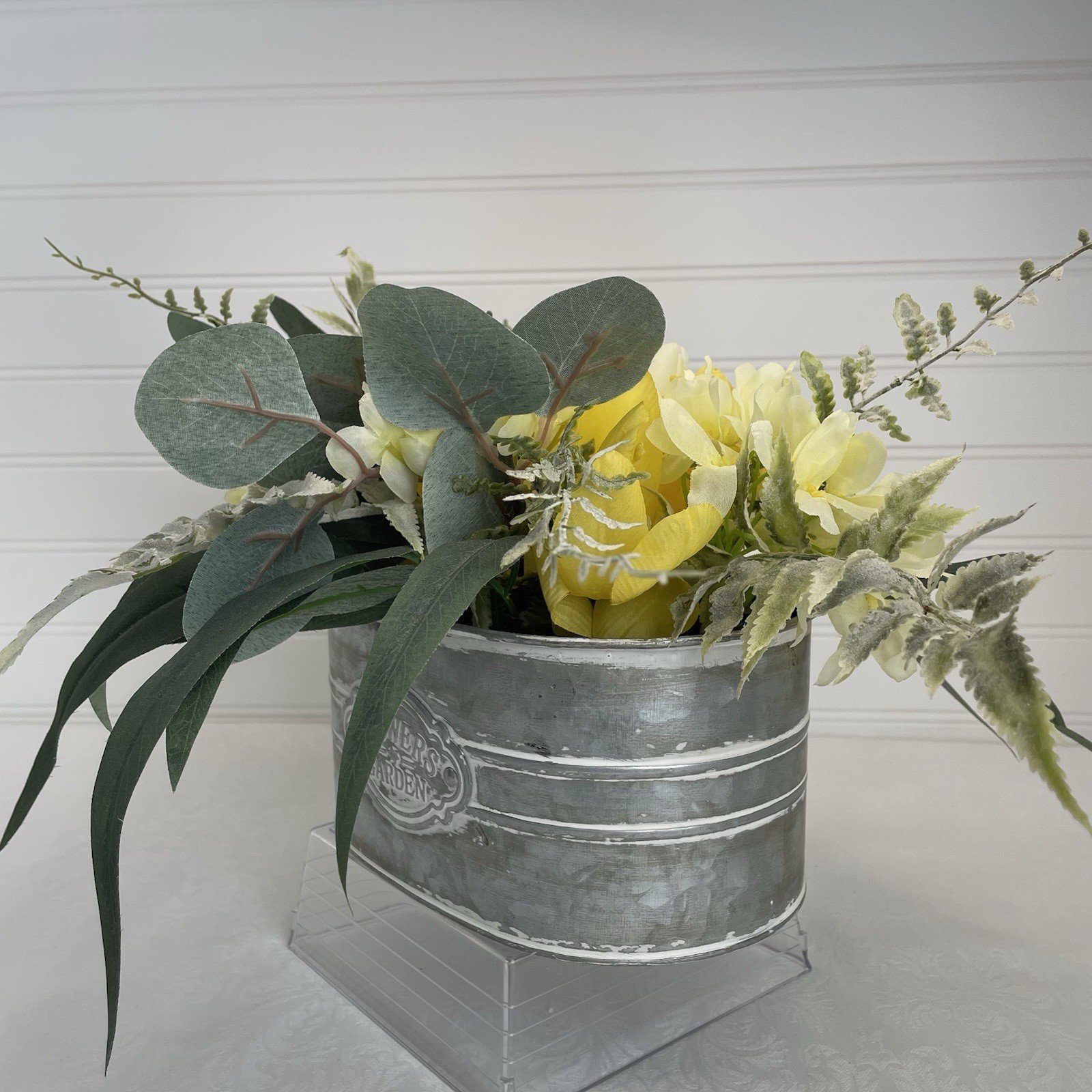 Artificial Floral Basket Arrangement Centerpiece Yellow Flowers in Metal Planter