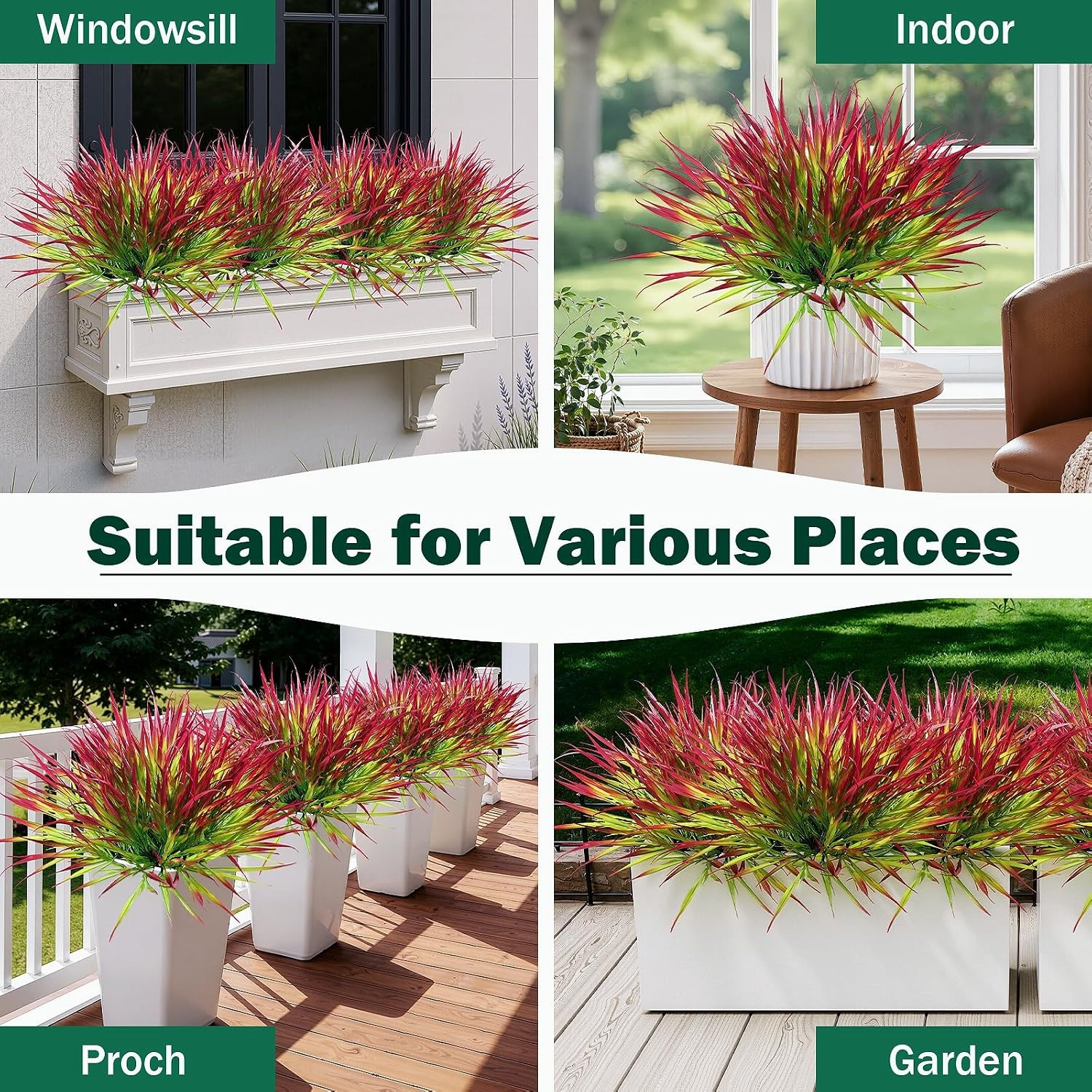 12 Bundles Artificial Outdoor Plants UV Resistant Fake Grass Plants Faux Plastic