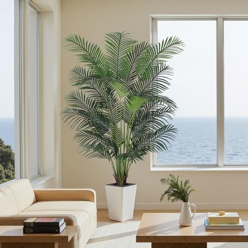 Artificial Palm Tree with White Tall Planter, 7ft Tall Potted Artificial Silk…