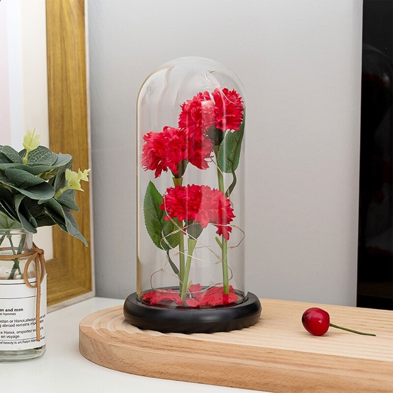 Artificial Led Luminous Carnation Soap Flower with Dome Glass Cover