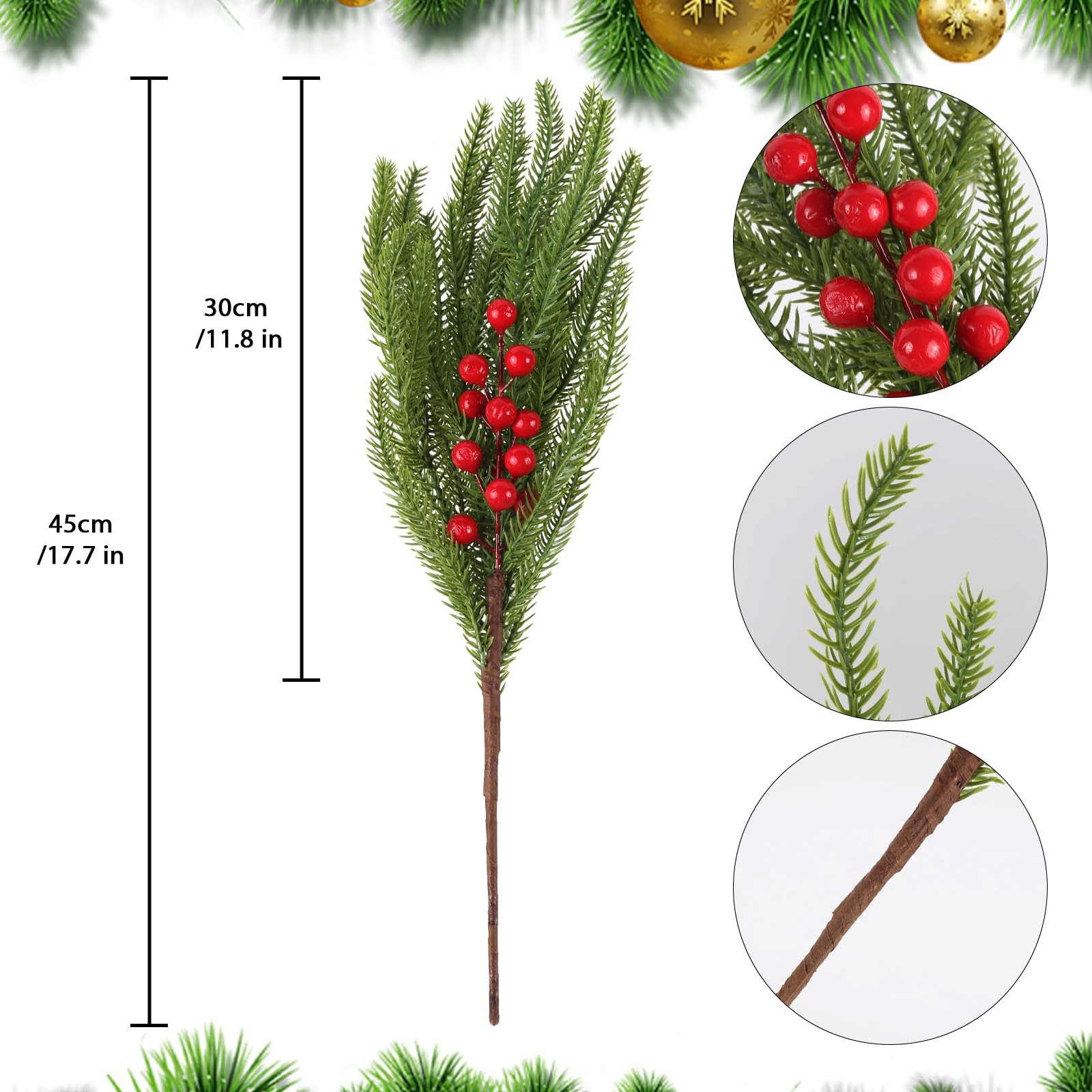 Christmas Norfolk Pine Branches with Red Berry 17.8″ Artificial Greenery Picks