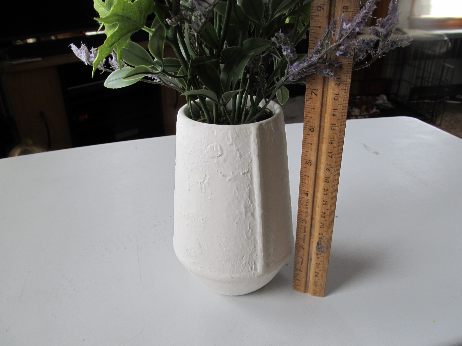 Faux Lavender Potted Plant 6 1/2 in White Ceramic Vase Total Arrangement 16 in