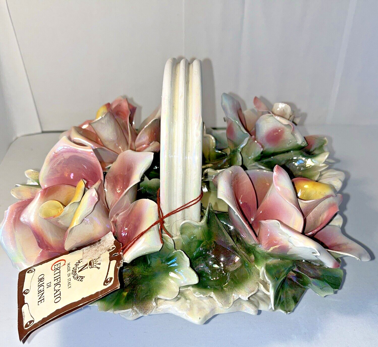 Vintage Capodimonte Basket of Roses Italy Original Tag Iridescent 10″ x 10″ x 6