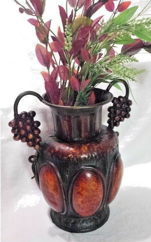 Metal Ornate Vase 13.75″ w/ Artificial Floral Sprigs Heavy Decorative Container