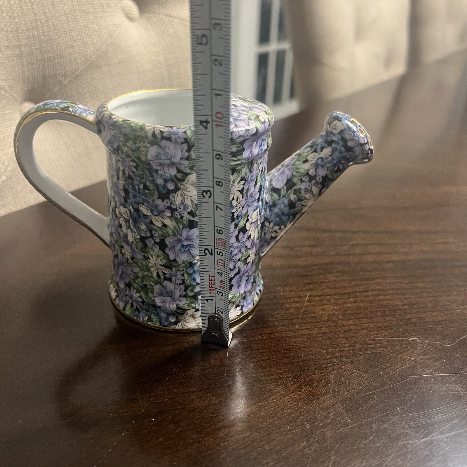 Porcelain Watering Can Two’s Company Mollie Blue Purple Chintz Floral Gold 4”