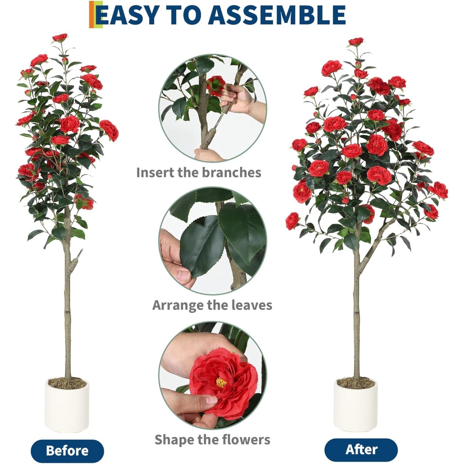 5FT Artificial Camellia Tree Potted,Realistic Fake Plant with White Silk Flowers