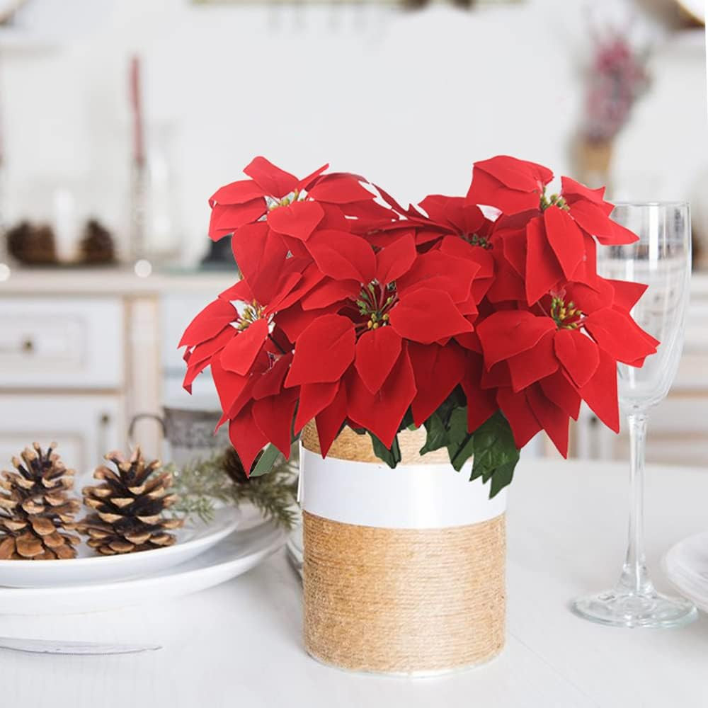 2 Pcs Poinsettia Flowers Artificial Christmas Flowers Red 5 Heads Silk Poinse