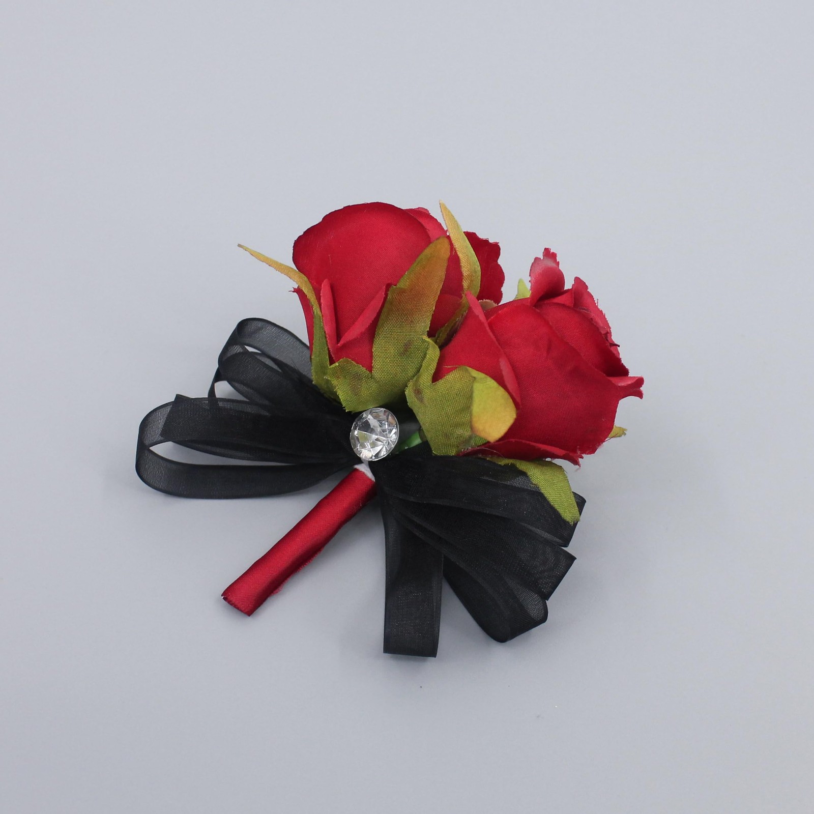 Prom Rose Corsage Boutonniere Set Real Touch Red Flowers Lace Bow Decor