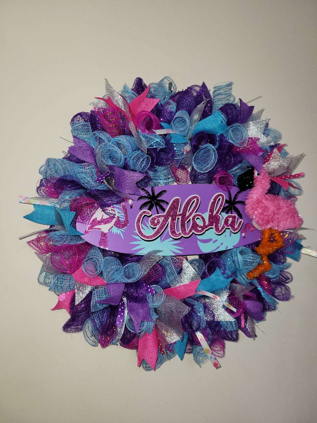 ALOHA Summer Spring Mesh Front Door Wreath Wall Decor BRIGHT Purple Pink Blue