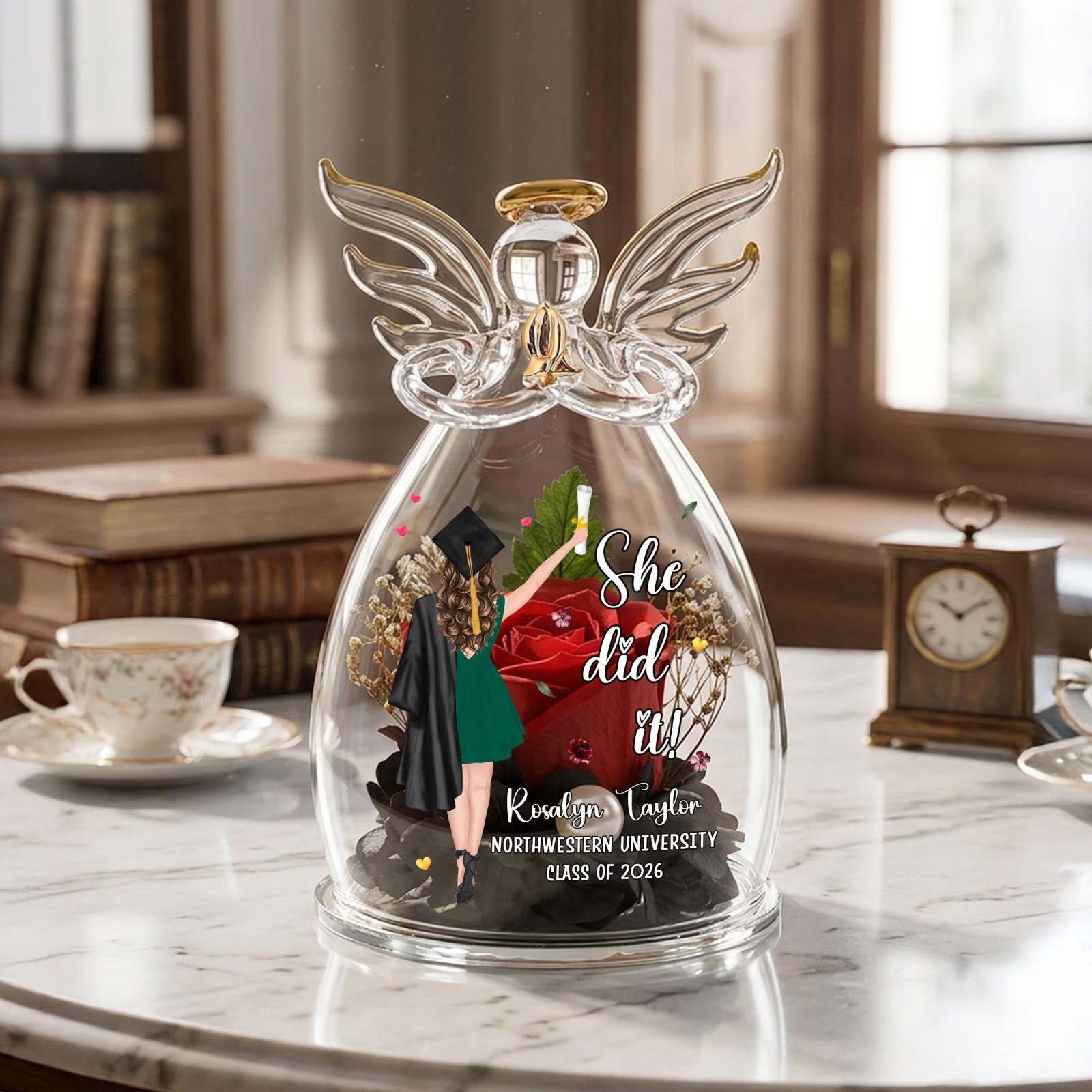 Custom Graduation Rose Angel Dome, Personalized Class of 2026 Gift, Glass Flower