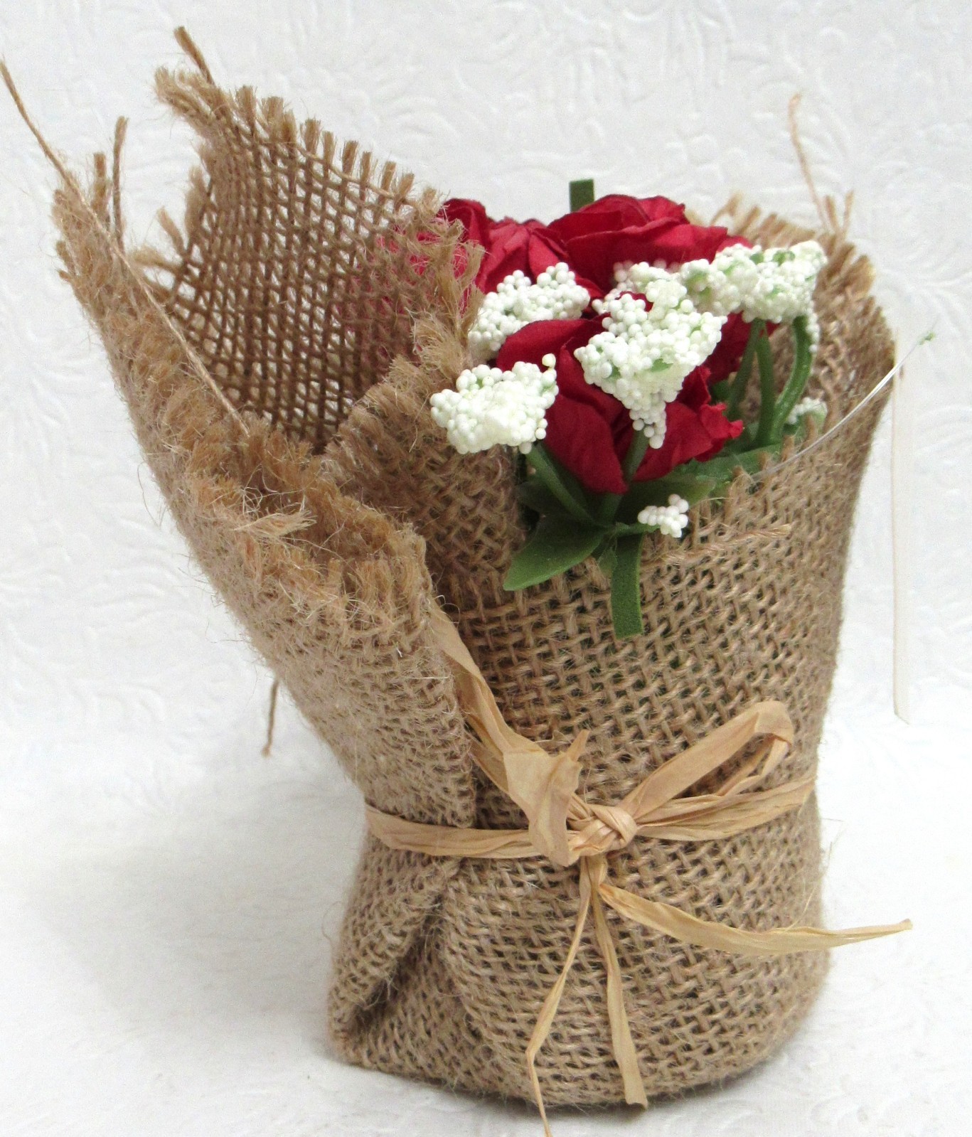 Rustic Faux Red Rose Floral Arrangement in Burlap Wrap – Small Decorative Accent