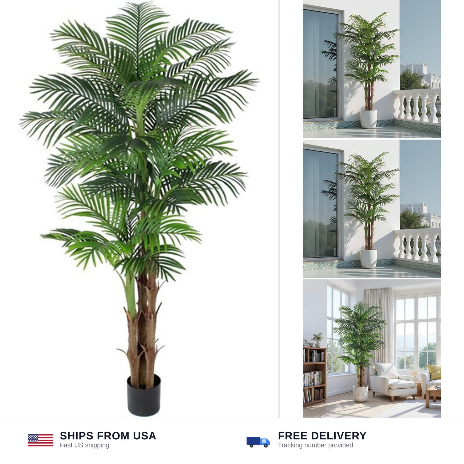 Tall Triple Golden Cane Palm Artificial Tree 7ft, Large Topical Fake Tree wit…