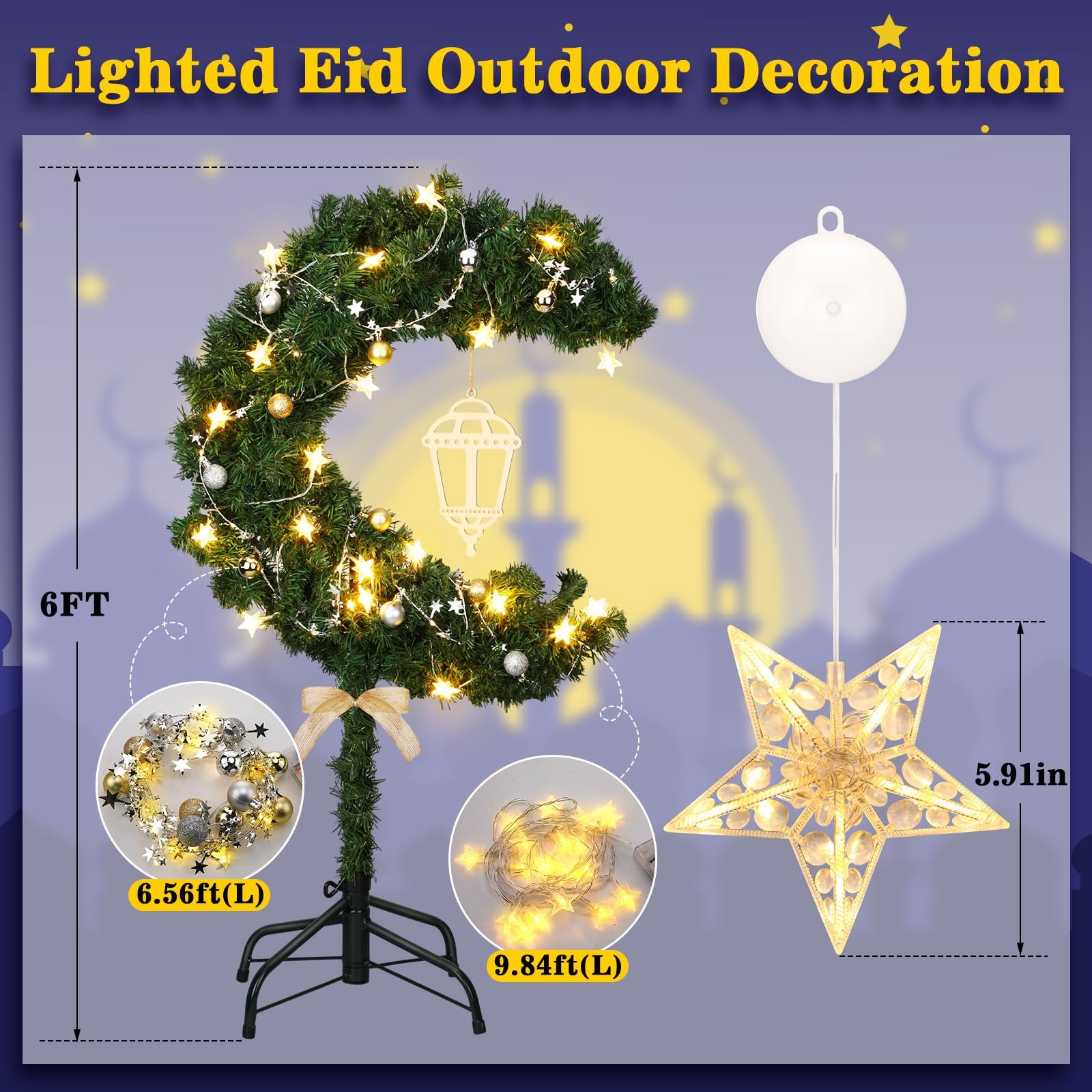 6ft Ramadan Moon Tree: Lighted Crescent Artificial Tree with Star String LED …