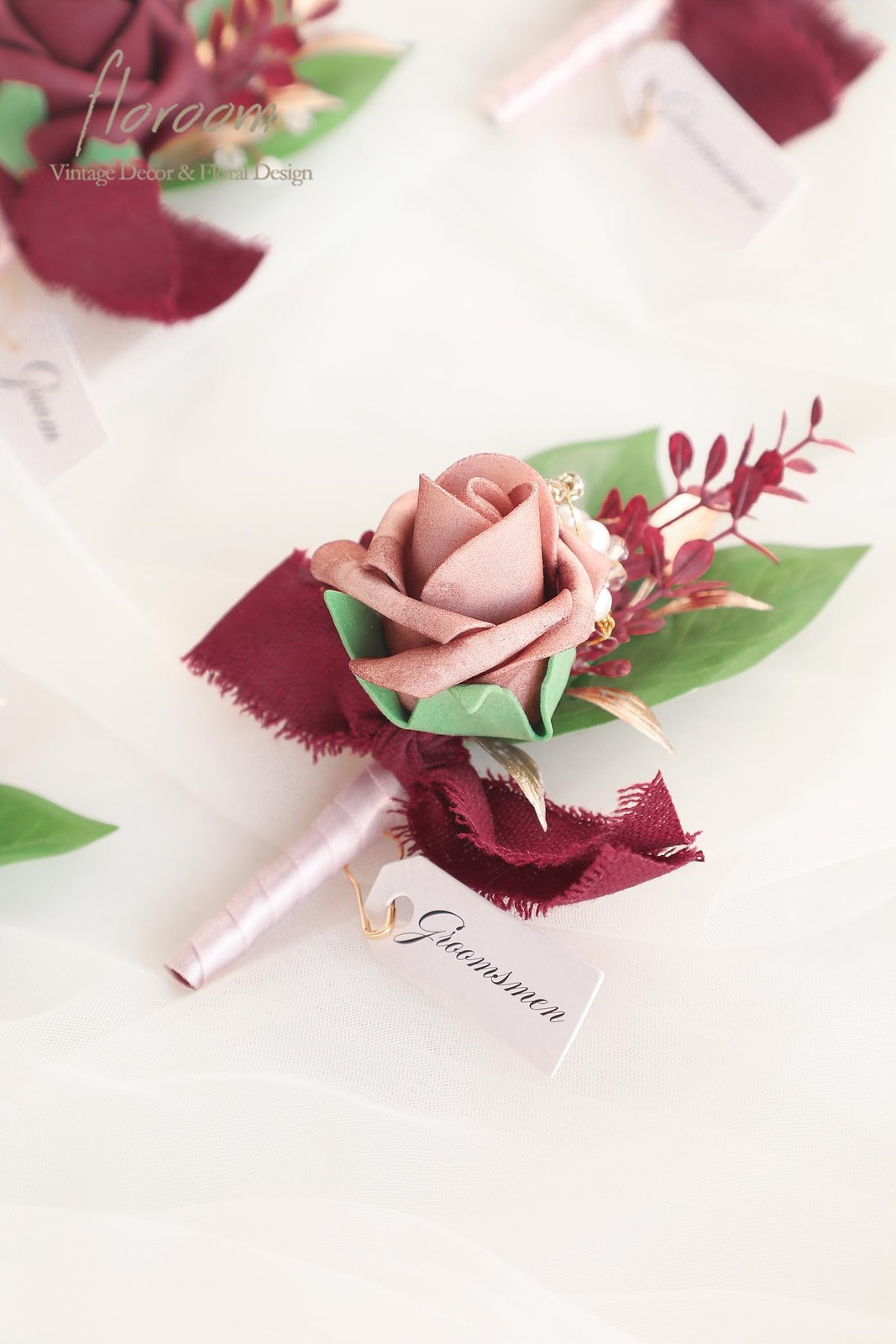 Dusty Rose Burgundy Foam Rose Wedding Boutonnieres With Pins 6 PCS
