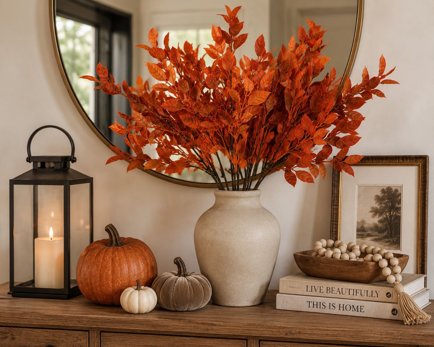 Artificial Fall Leaf Bush 13 Inch Orange Faux Autumn Foliage Pick 5 Branches Wre