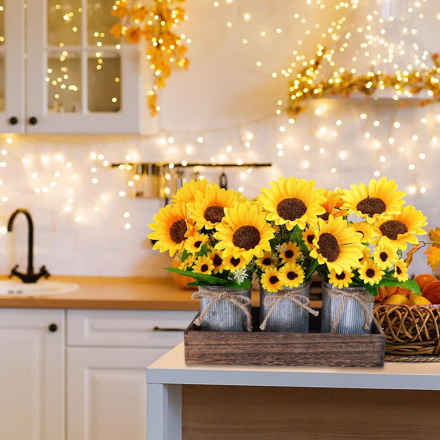 Set of 3 Artificial Sunflowers Metal Pot Centerpiece Farmhouse Sunflowers Flo…