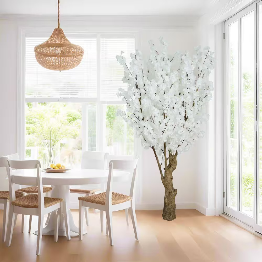 7 Ft. Artificial Cherry Blossom Tree White Faux Flower Tree in Pot for Indoor Ho