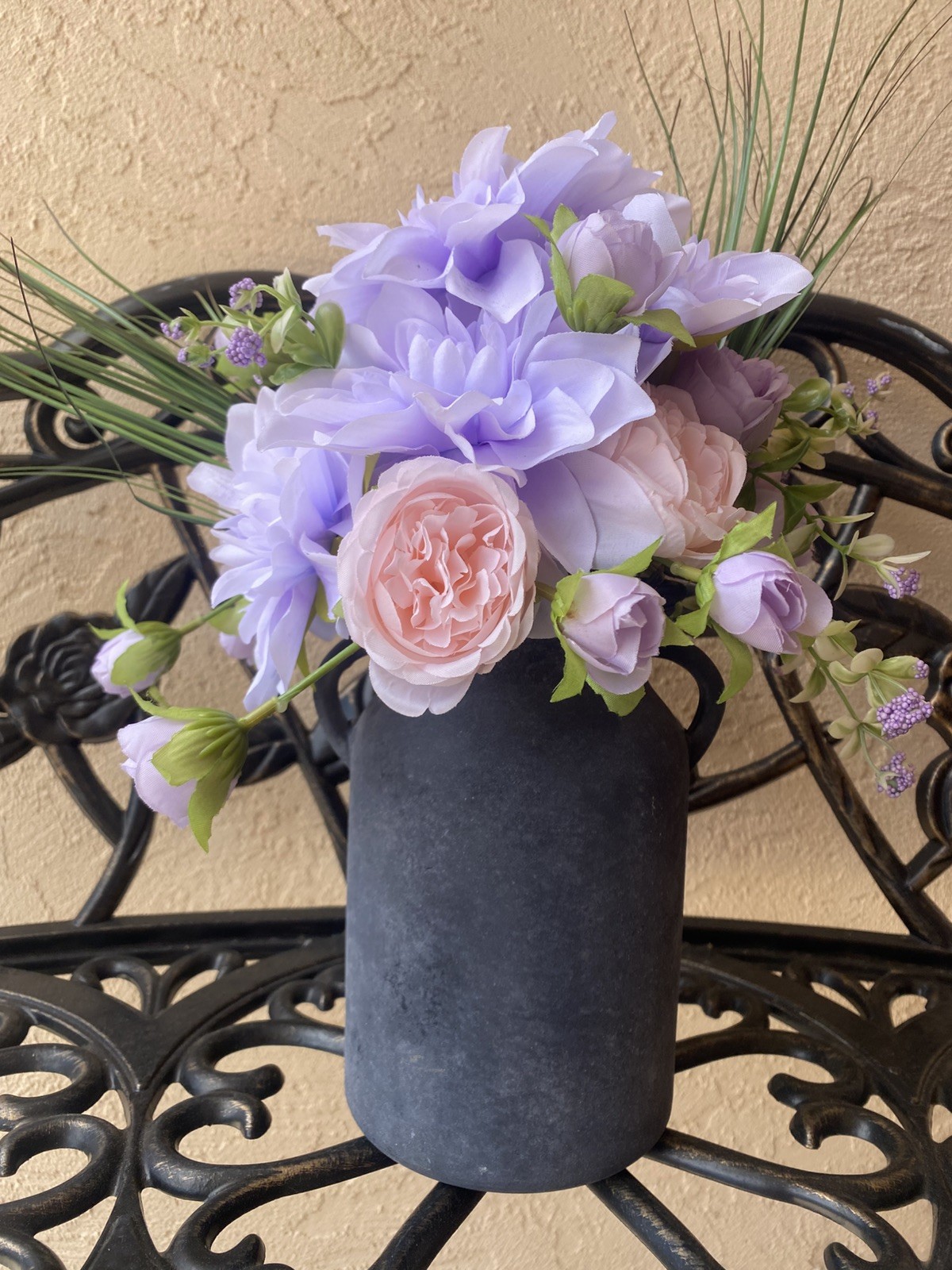 Summer Lavender Purple Dahlias & Blush Pink Peonies in a Jug Style Vase
