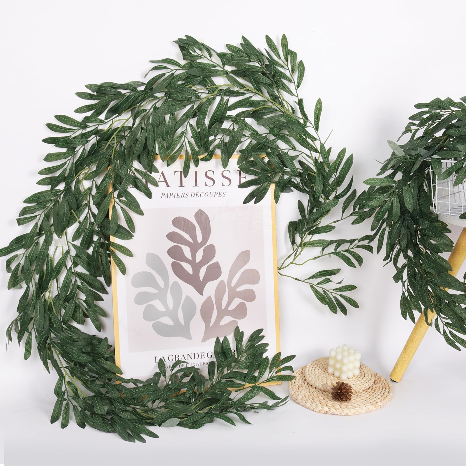 RECUTMS 2Pc Artificial Silk Olive Leaves Vines Garland 6.2Ft Green Rattan No