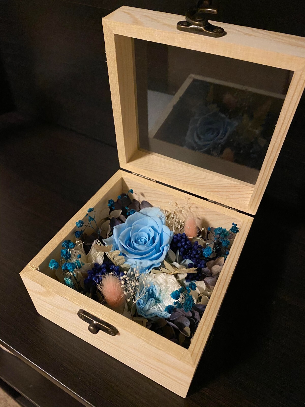 Pale Blue Rose Preserved flower Glass Clamshell Wooden Box Holiday Gift Giving