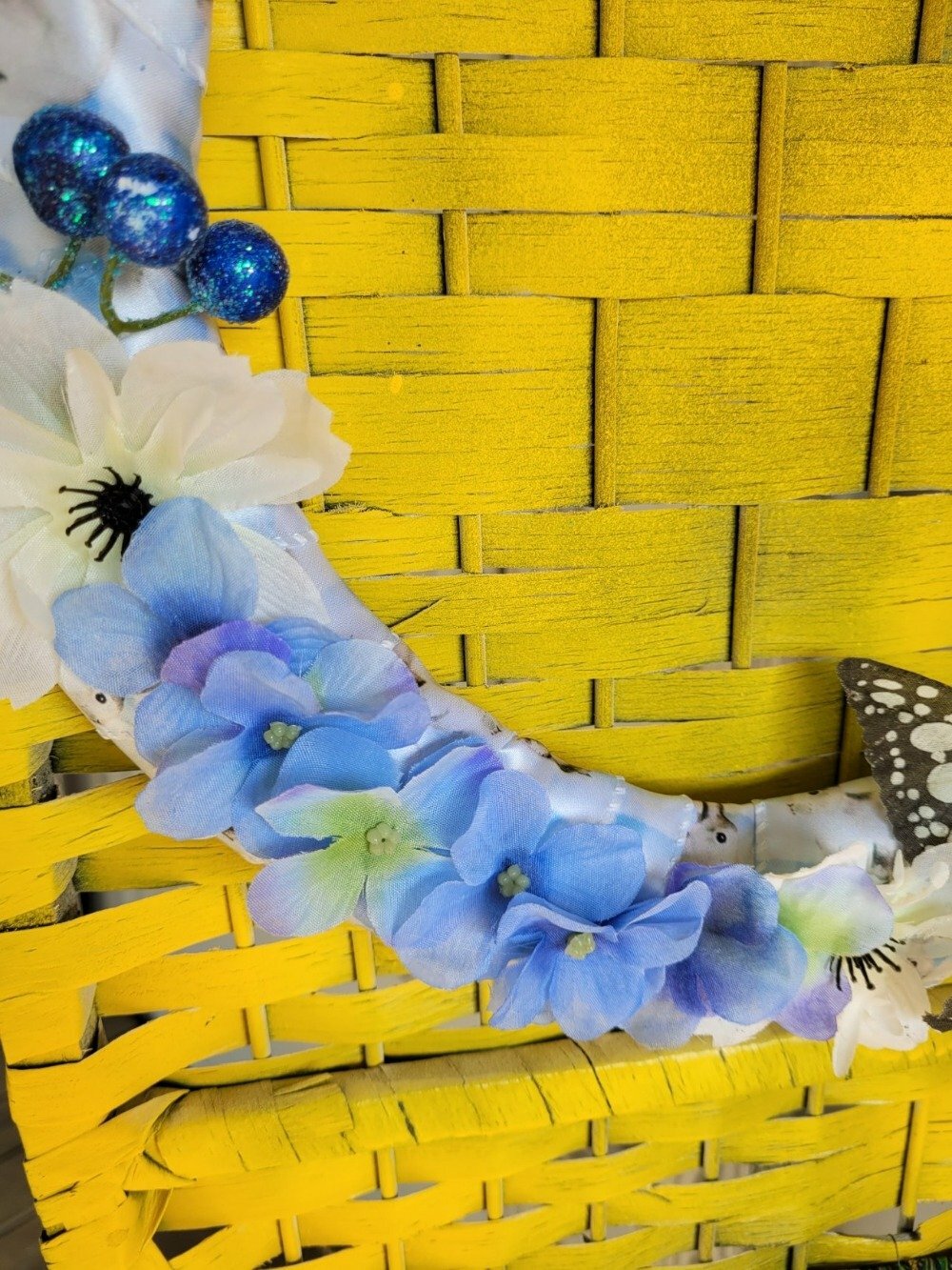 Bright Blue Bunny Spring Wreath with butterfly and pansies, middle size wreath,