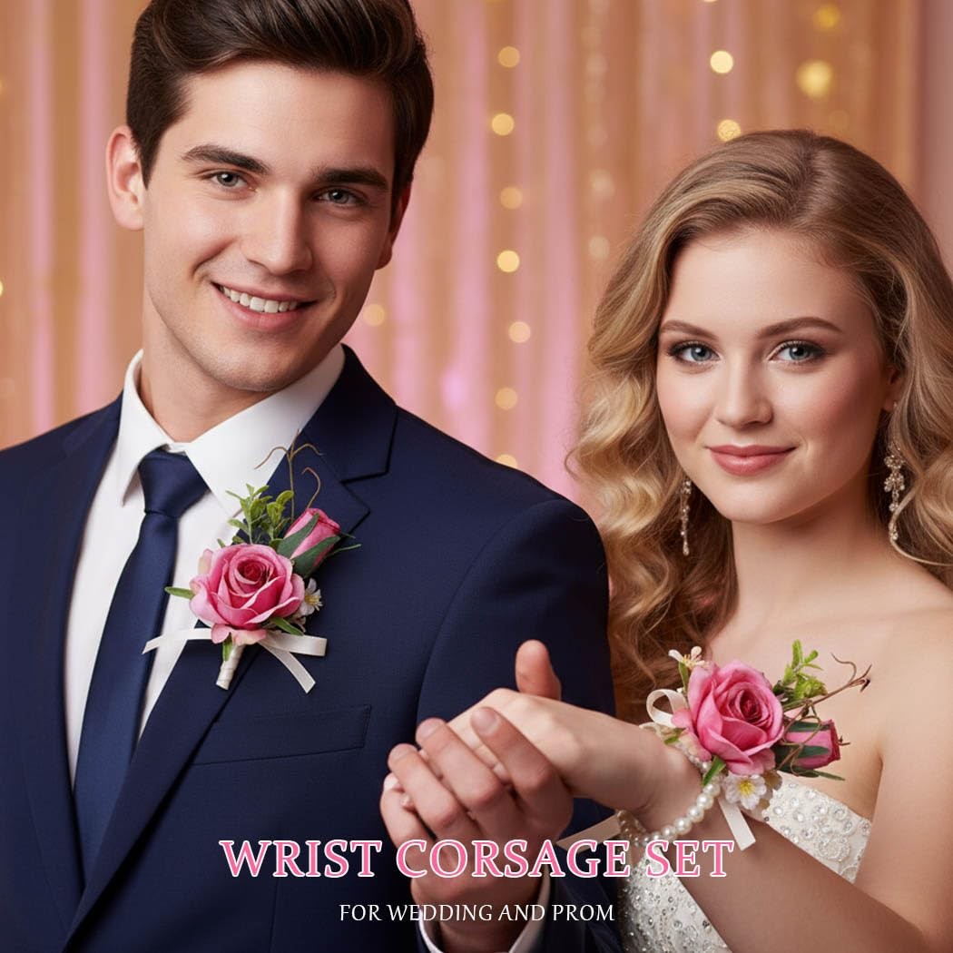 Pink Rose Corsage Boutonniere Set Groomsmen Buttonholes Wrist Decoration