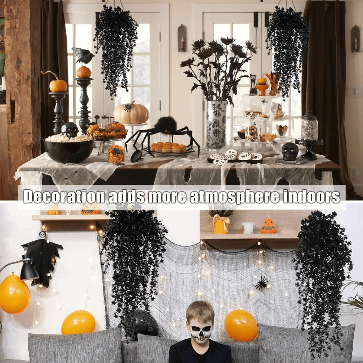 4Pcs Black Hanging Flowers Artificial Plants for Halloween Garden Gothic Decor