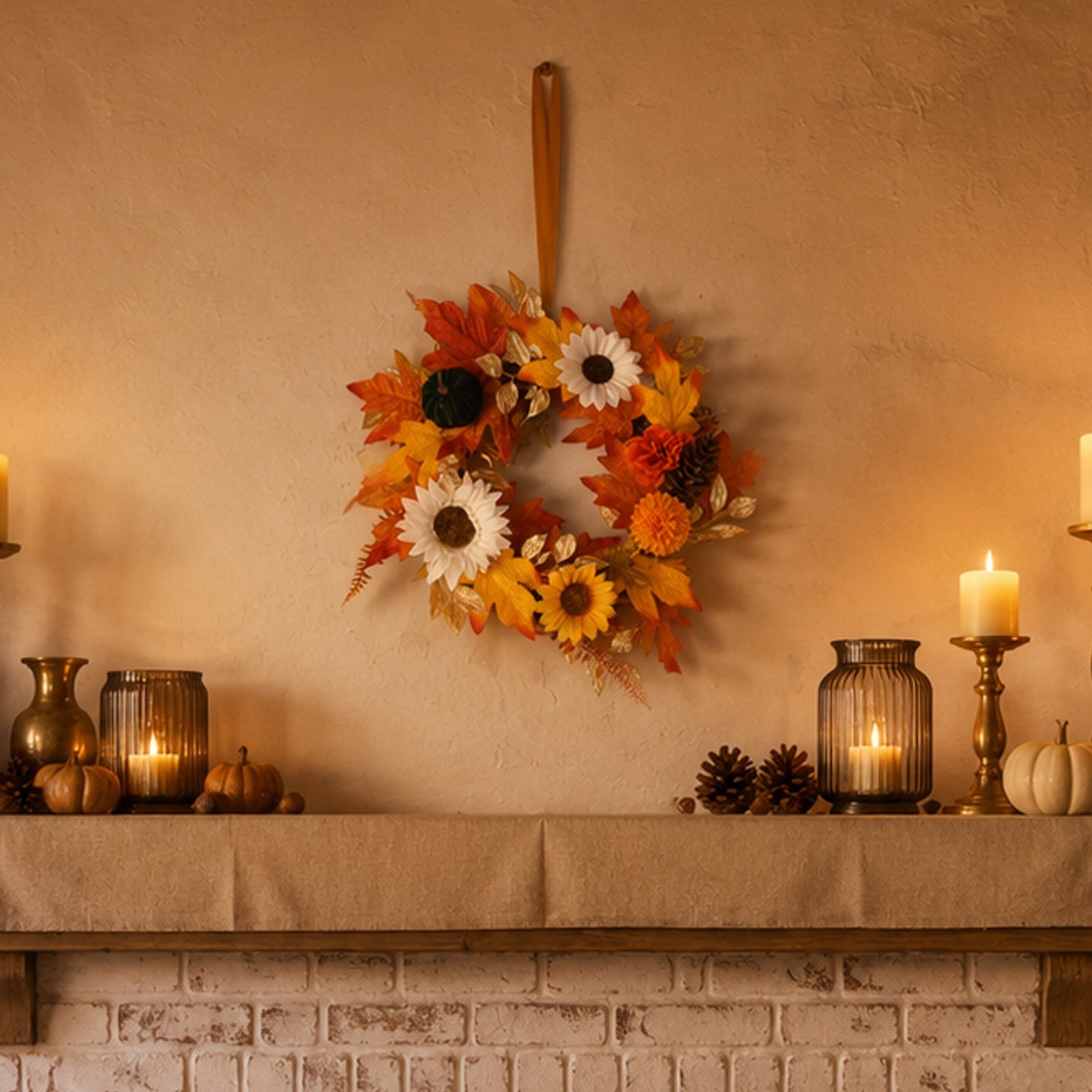 Artificial Autumn Wreath 17.72in/45cm for Thanksgiving Halloween Indoor Outdoor