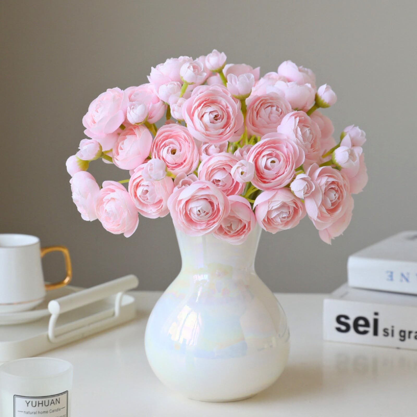 Pink Ranunculus Artificial Flowers Blush Faux Silk Mini Wedding Filler 18 PCS