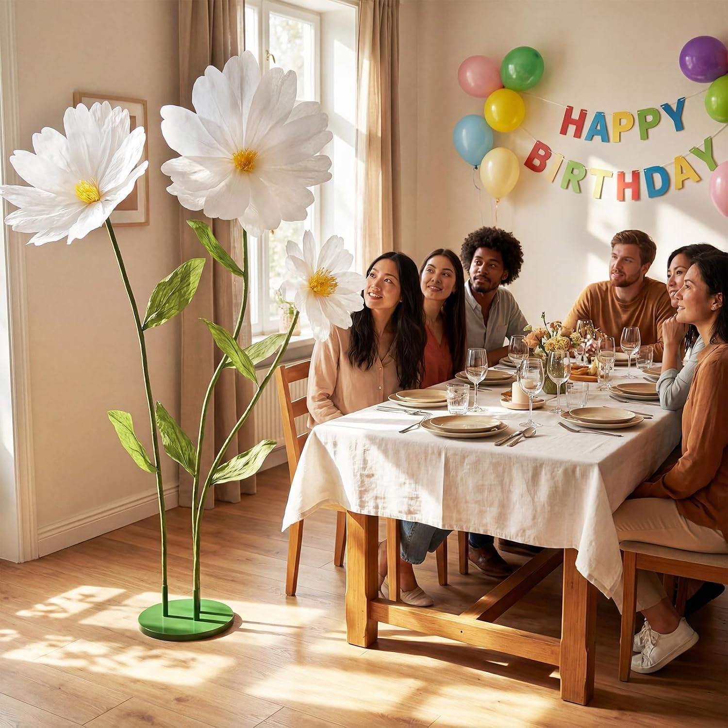 6Ft White Giant Flowers for Decoration with Stand, Large Artificial Silk Daisy,