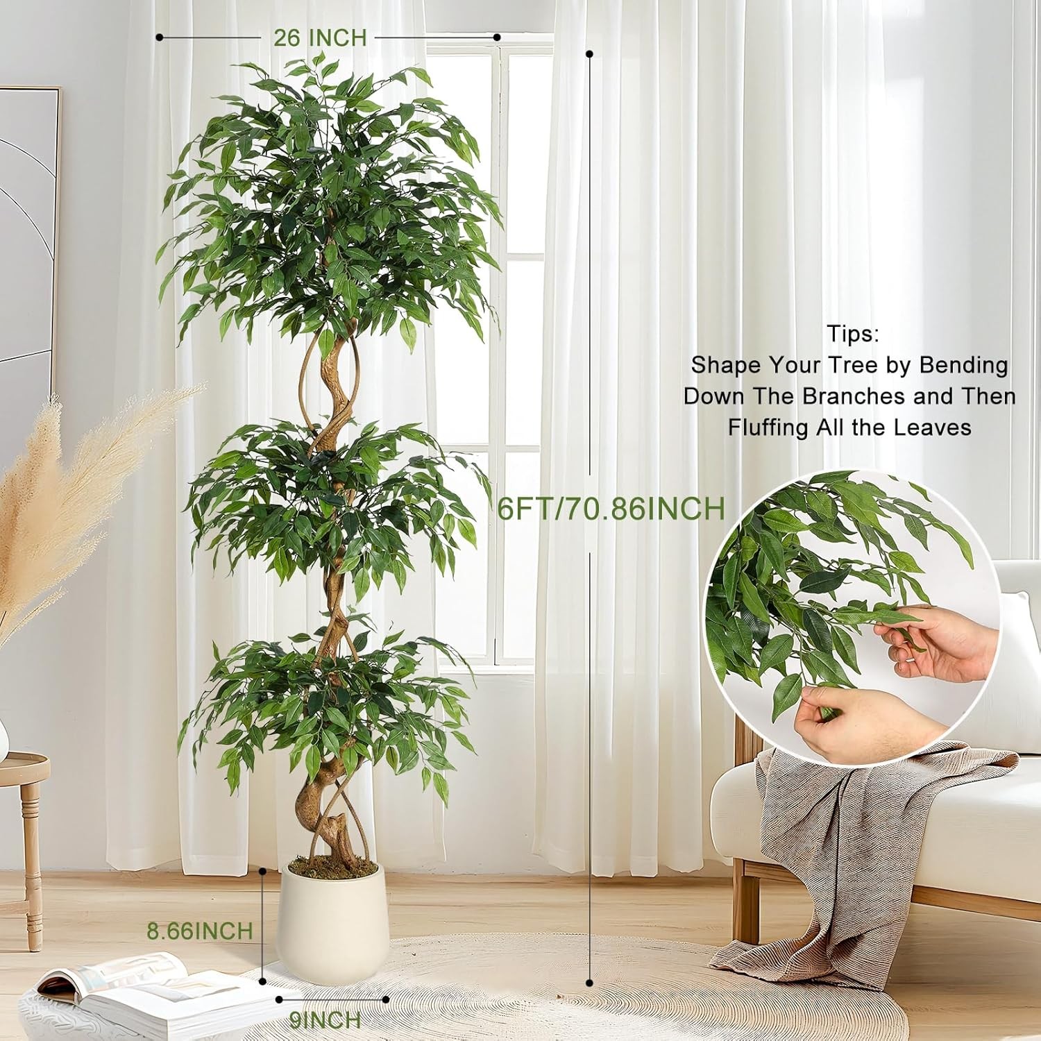 4/5/6ft Ficus Artificial Tree with Natural Trunks Home Decor Twining Vines Tree