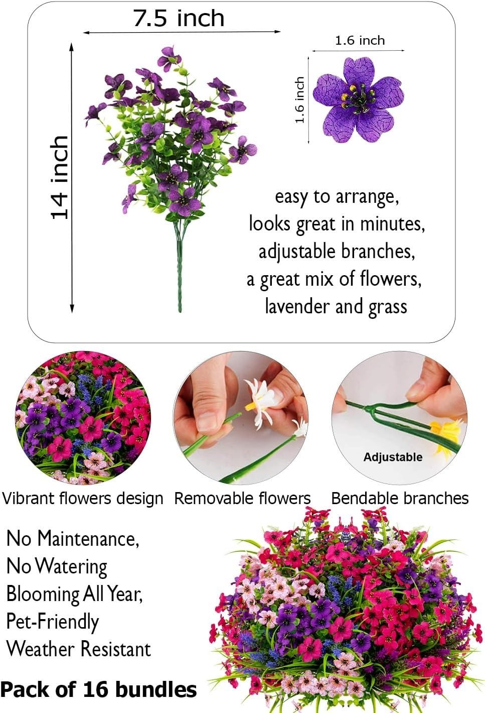 Vibrant UV Protected Faux Flowers – 16 Bundles for Elegant Outdoor Spaces