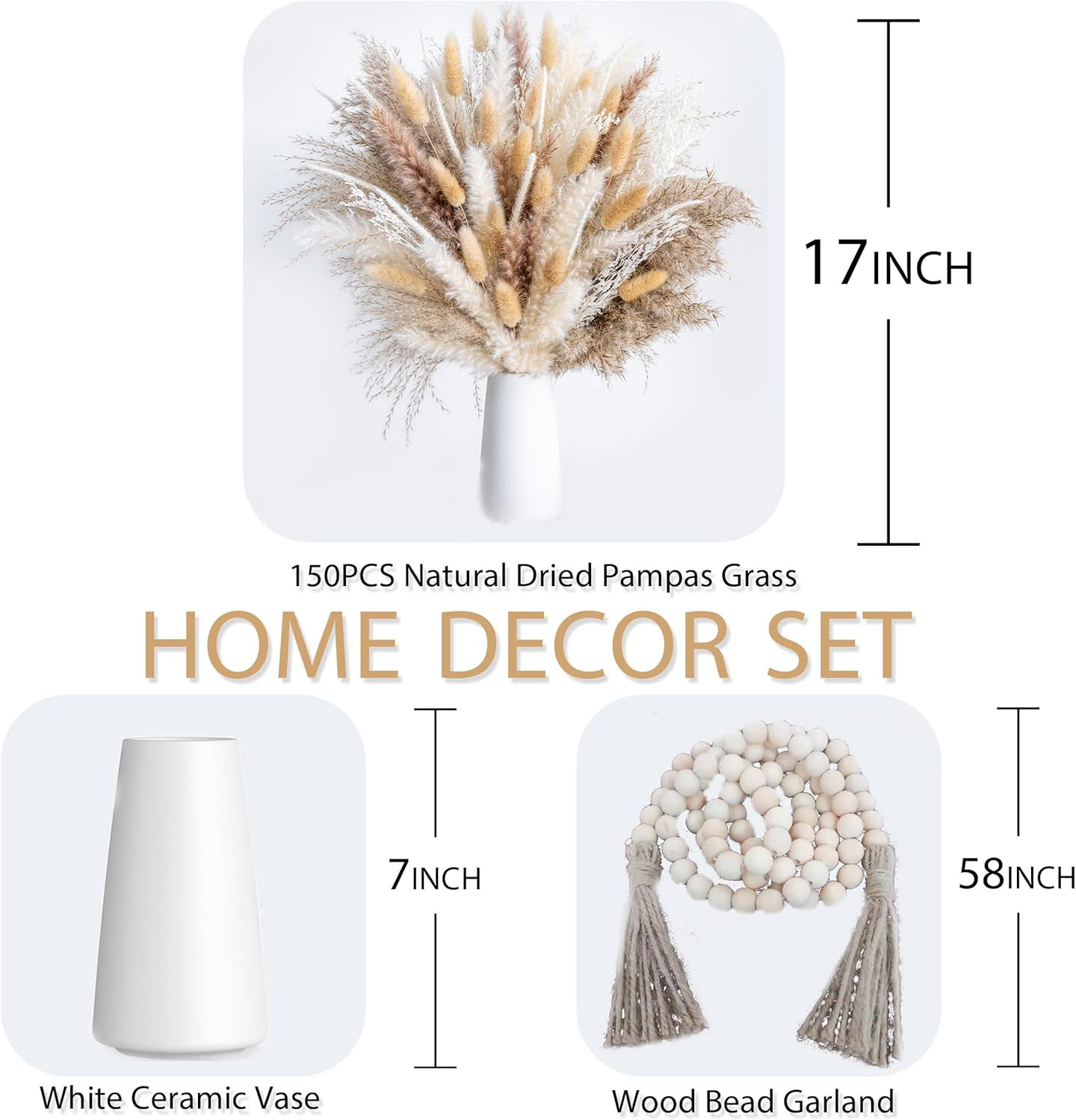 150pcs Pampas Grass + 1 White Ceramic vase + 1 Wood Bead Garland , Boho Home Dec