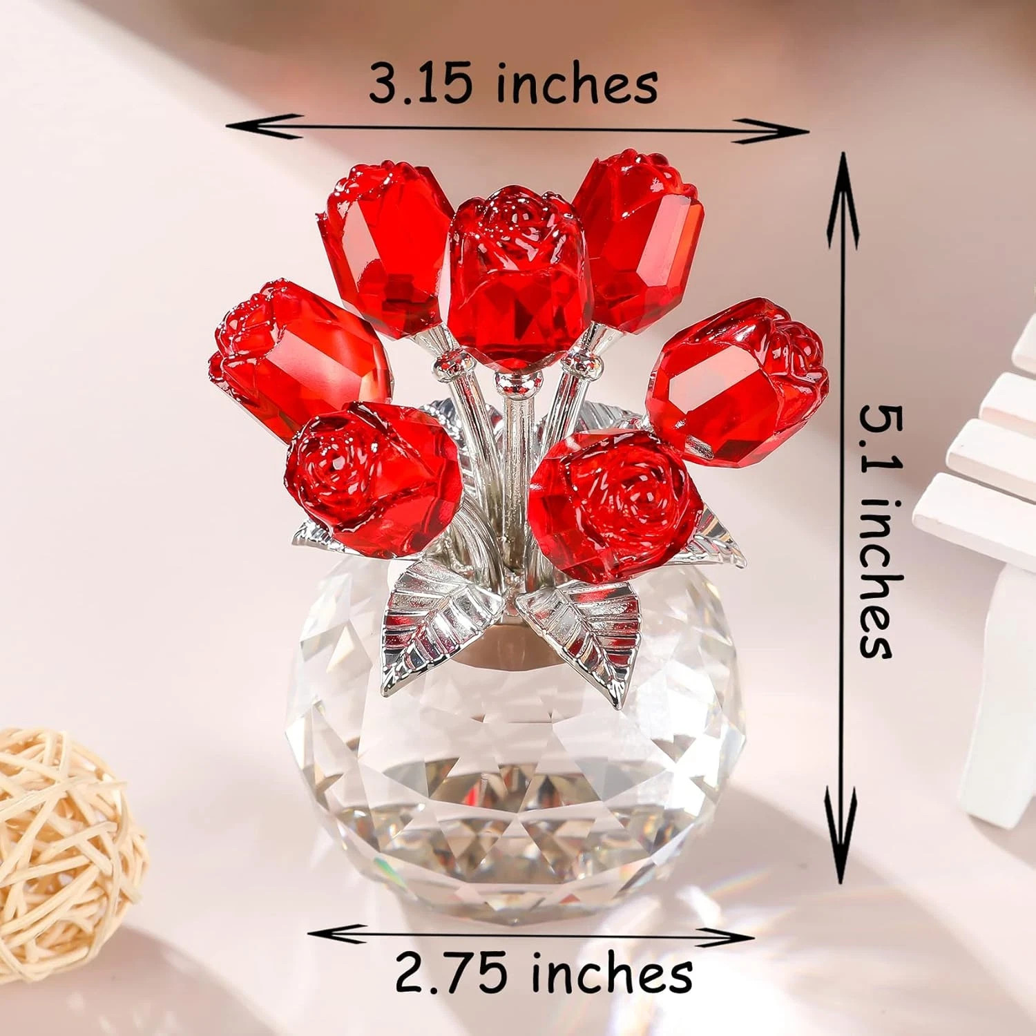 Red Rose Flower Bouquet Crystal Figurine Gifts-Ship from U.S.