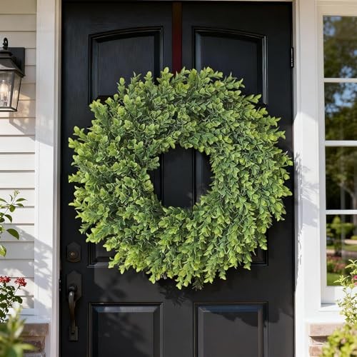 26″ Artificial Boxwood Wreath for Front Door – Large Faux Plant Fake Greenery