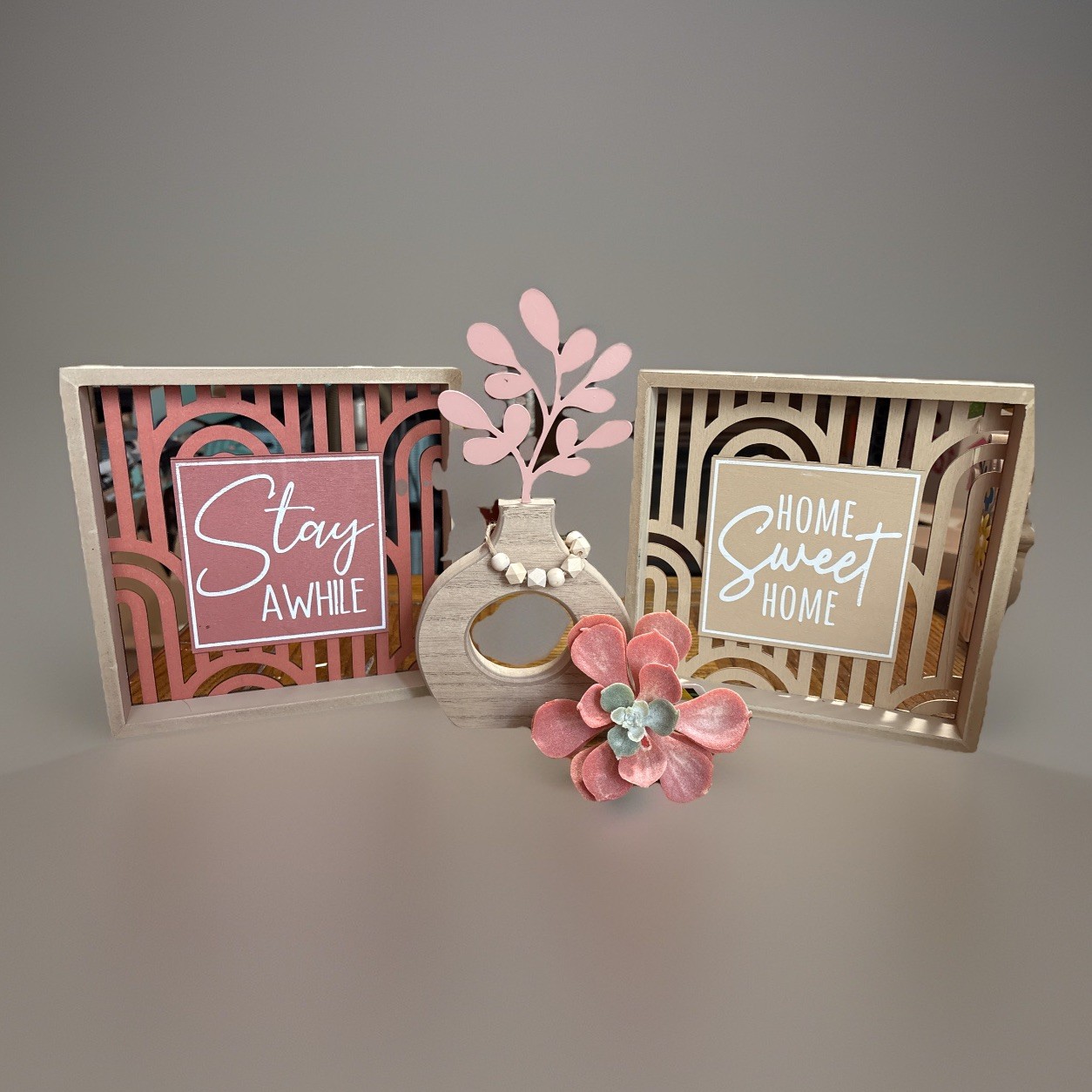 Hanging Or Shelf Sitting Wooden Frames And Faux Potted Flower Boho Home Decor.