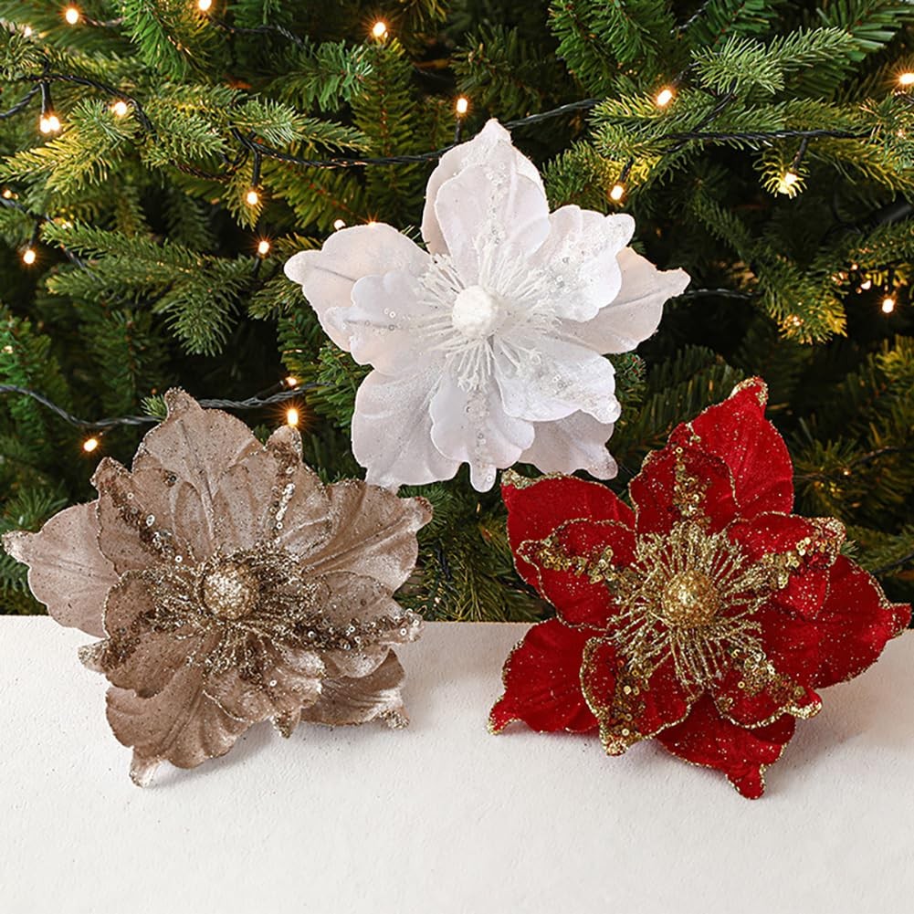 6 Pcs Poinsettia Artificial Flowers Tree Ornaments Velvet Glitter Red