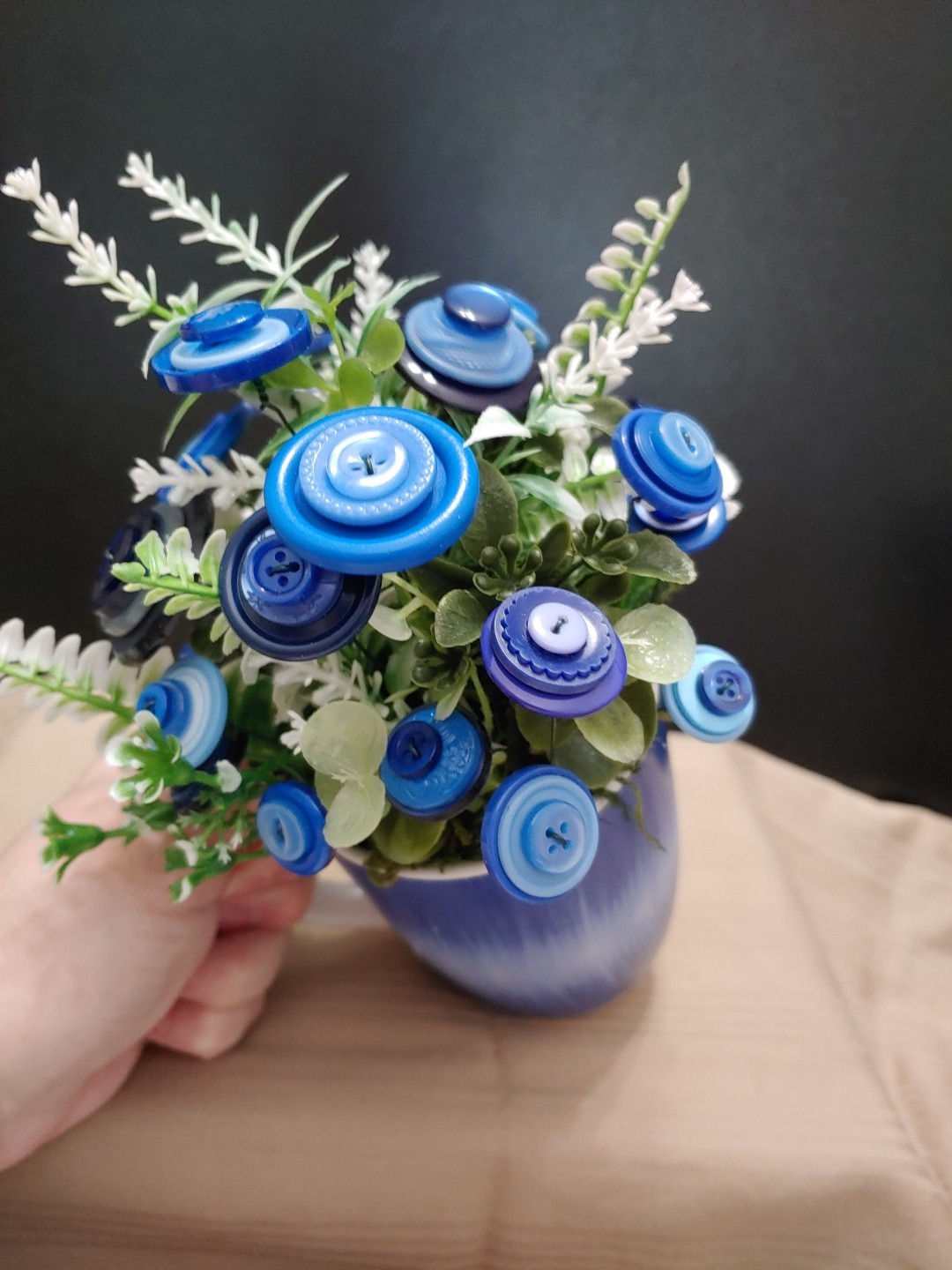 Blue Button Flower Bouquet With Greenery In Blue White Coffee Mug Vintage Button