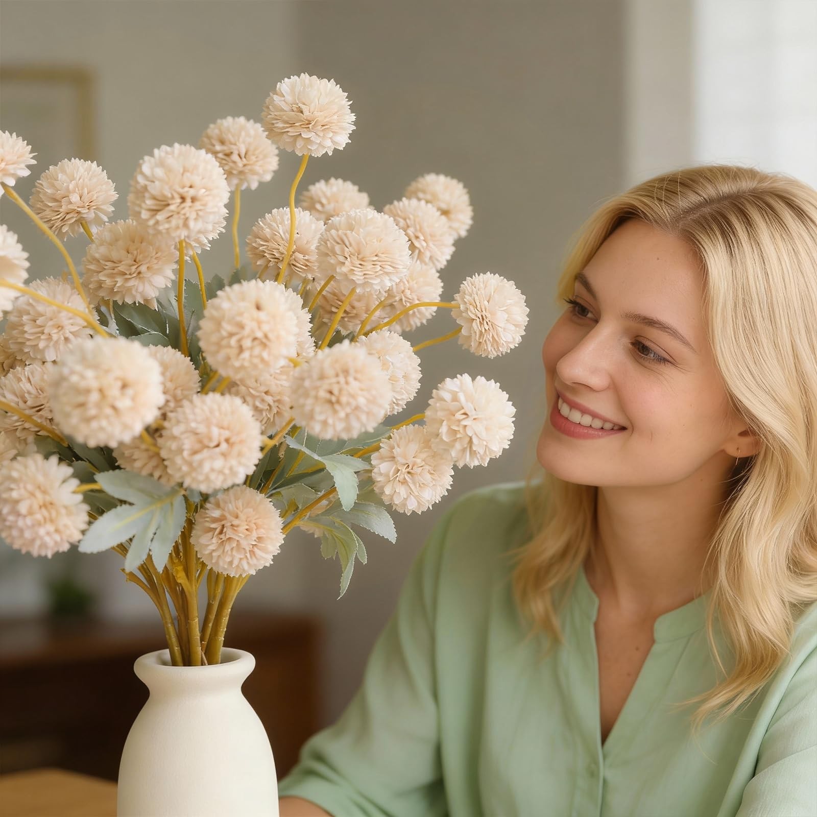12 Pcs Beige Fake Flowers for Vase, 50 Heads Faux Silk Mums with Eucalyptus, …