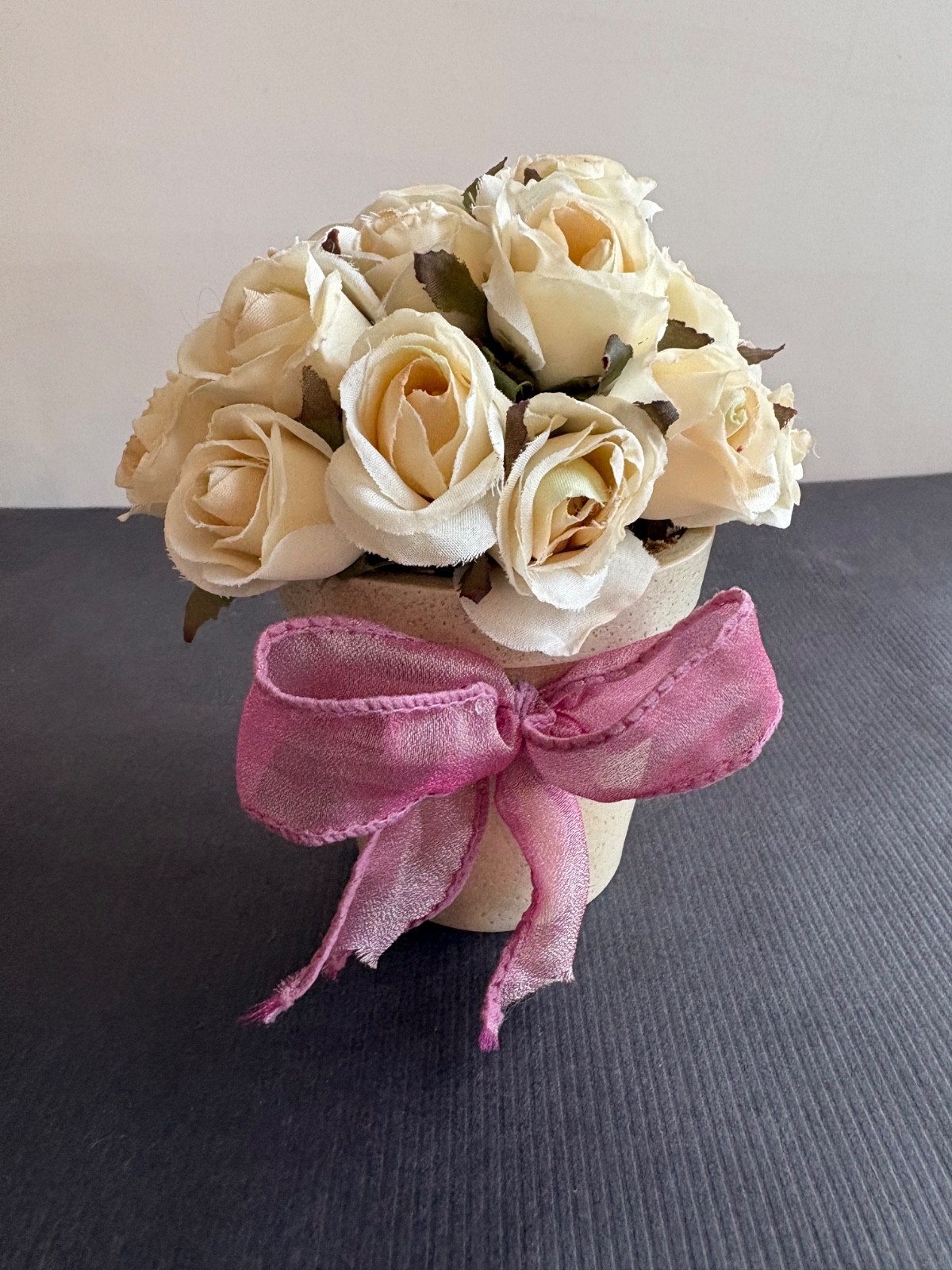 SET of 2 VICTORIAN FAUX ROSES w/ RIBBON BOW 5 1/2″ H x 5 1/2″ W-CREAM & PINK