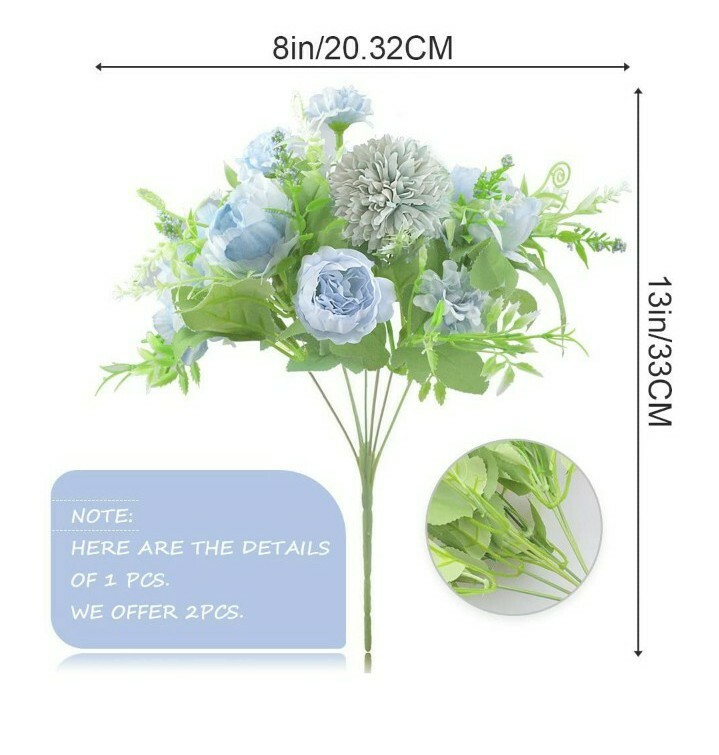 2Pcs Blue Artificial Flower Fake Peony Silk Bulk Hydrangea Carnation Daisy