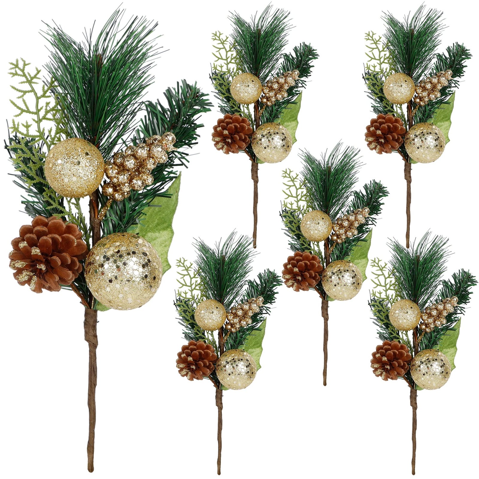 12″ Gold & Green Christmas Picks and Sprays – 6 Pcs Tree Fillers