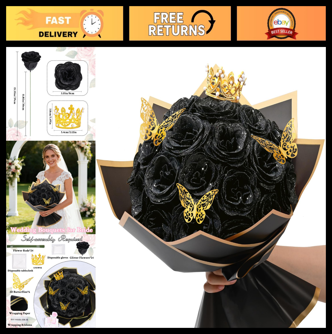 Glitter Black Roses Bouquet – 24 Pcs DIY Fake Flowers for Birthday, Anniversary,
