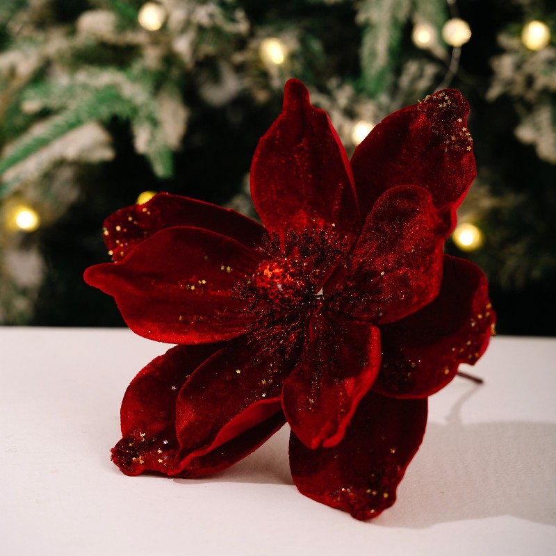 Artificial Velvet Poinsettia Picks Glitter Detail Holiday Garland Gift Box Decor