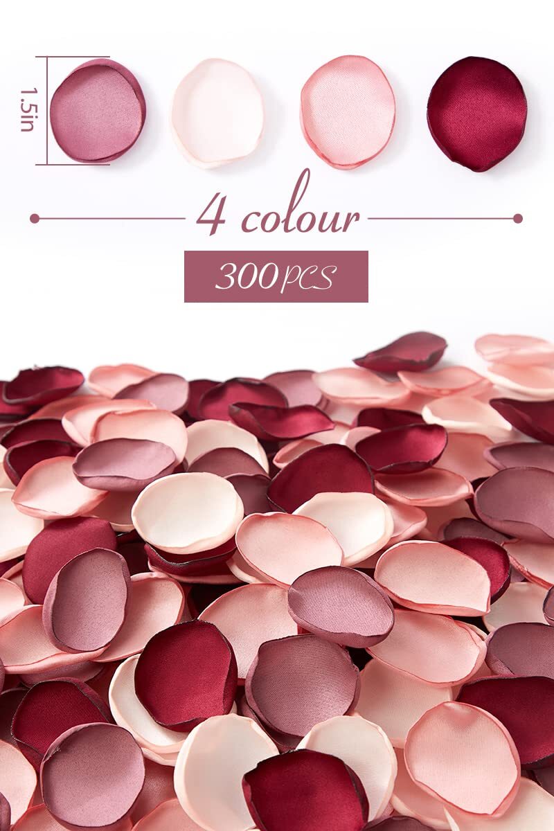 300PCS 4 Color Mix Silk Rose Petals Burgundy Pink Bridal Shower Flower Girl