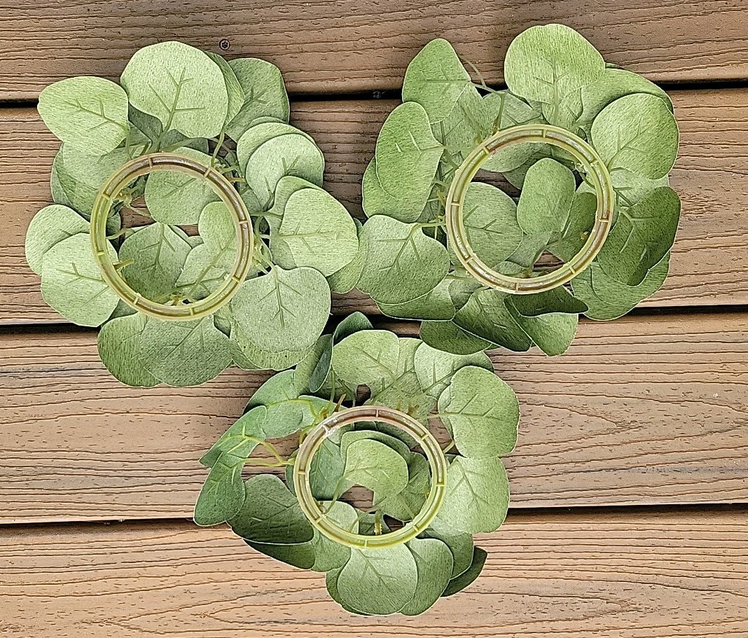 Lot Of 3 Candle Wreaths Artifical Eucalyptus Leaves Green 3″ Base 8″ Width Set