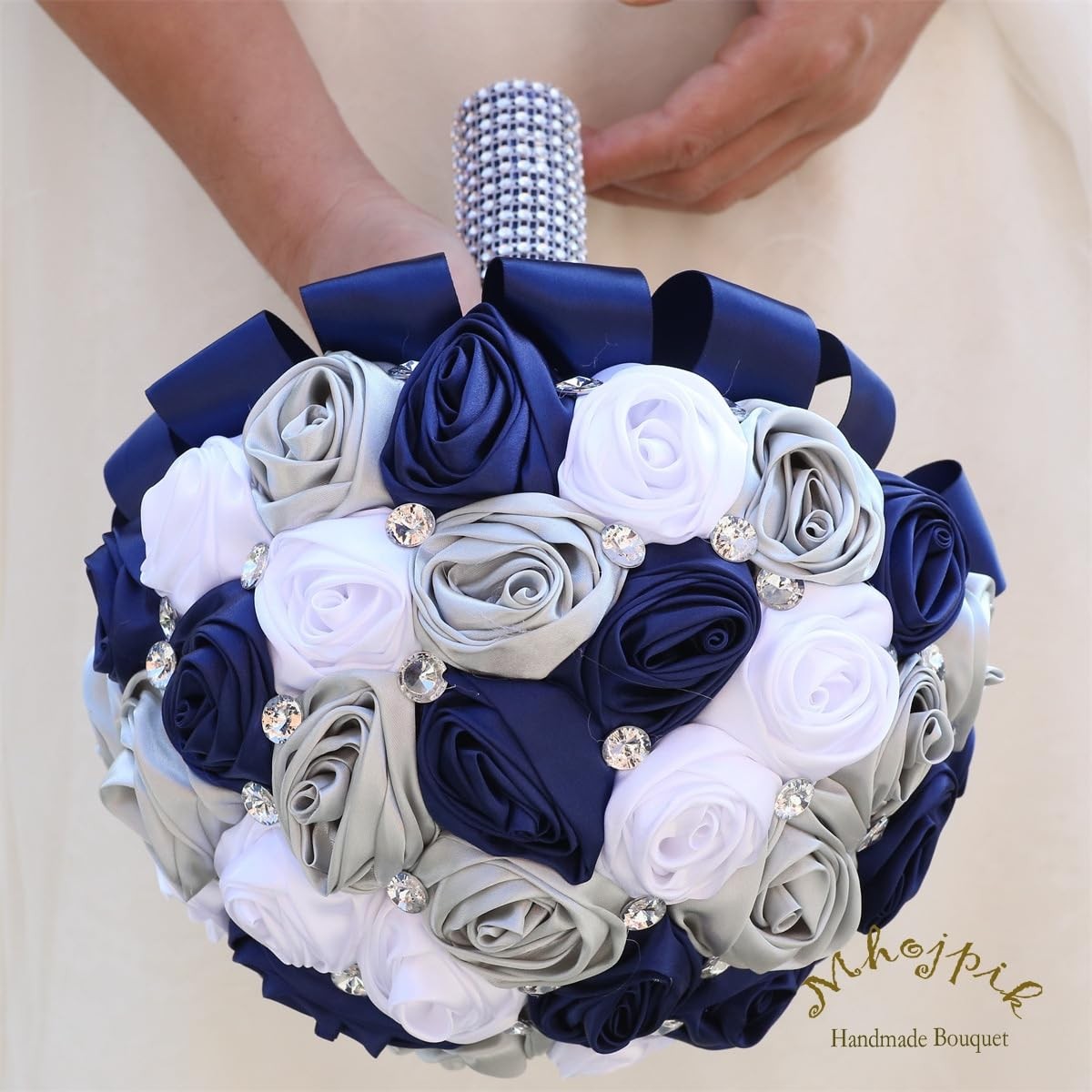 7.5 Inch Navy Blue Silver White Bridal Wedding Bouquet Round Holding